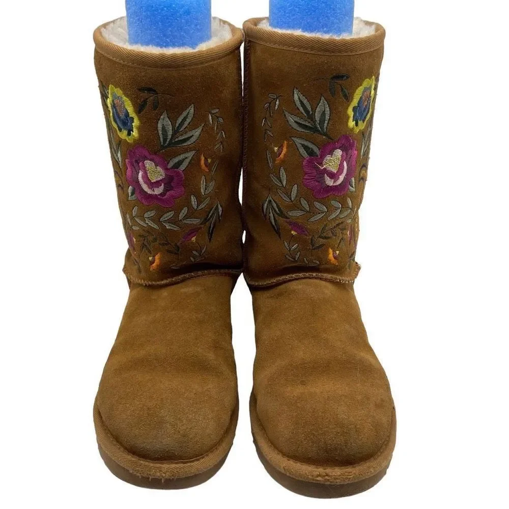 UGG Women's Juliette Embroidered Boots Chestnut Suede Brown Size 7 - Picture 2 of 11